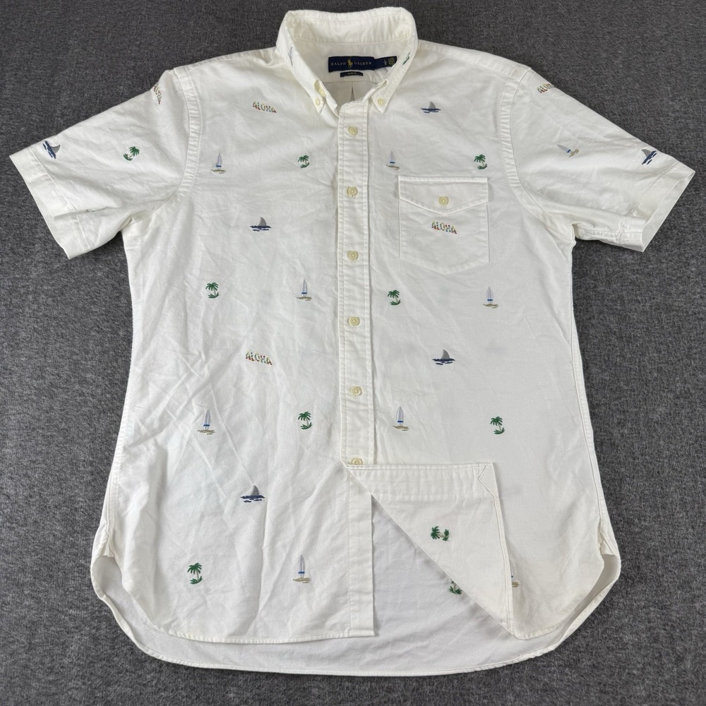Ralph Lauren Slim Fit Aloha Embroidered Button Up Shirt Mens Large Cotton